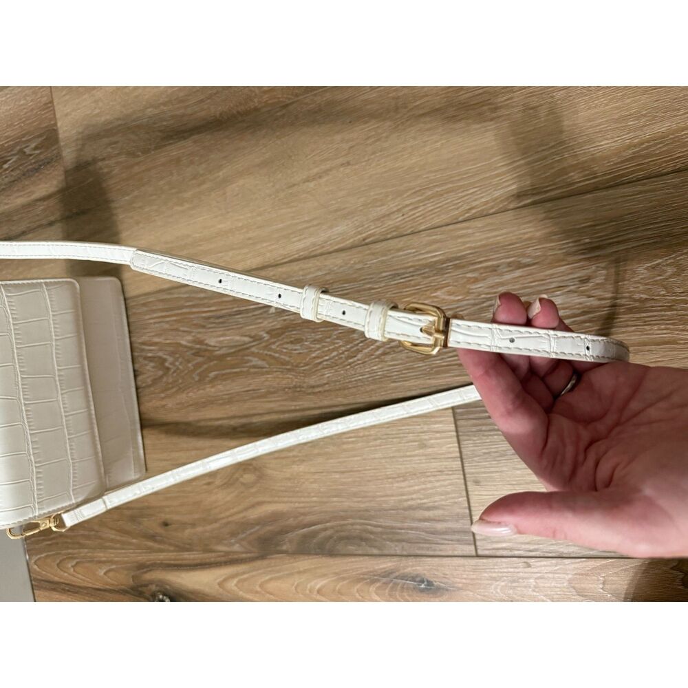 White Croc-Embossed Crossbody Bag | Structured Flap Purse | Adjustable Strap